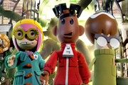 Strange Hill High. Image shows from L to R: Becky Butters, Mitchell Tanner, Templeton. Copyright: BBC / Factory Transmedia