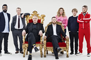 Taskmaster. Image shows from L to R: Romesh Ranganathan, Frank Skinner, Greg Davies, Alex Horne, Roisin Conaty, Josh Widdicombe, Tim Key. Copyright: Avalon Television