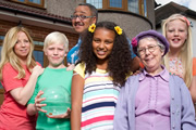 That Hidden Camera Family. Image shows from L to R: Mum (Sharon Gavin), Jack (Joseph Walsham), Emma (Paris Omar), Gran (Leila Hoffman), Katy (Megan Winnard). Copyright: Gallowgate