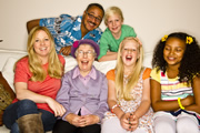 That Hidden Camera Family. Image shows from L to R: Mum (Sharon Gavin), Dad (Vincent Davies), Gran (Leila Hoffman), Jack (Joseph Walsham), Katy (Megan Winnard), Emma (Paris Omar). Copyright: Gallowgate