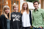 The Gobetweenies. Image shows from L to R: Mimi (Sarah Alexander), Tom (Finlay Christie), Lucy (Phoebe Abbott), Joe (David Tennant). Copyright: ABsoLuTeLy Productions