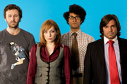 The IT Crowd. Image shows from L to R: Roy (Chris O'Dowd), Jen (Katherine Parkinson), Moss (Richard Ayoade), Douglas Reynholm (Matt Berry). Copyright: TalkbackThames