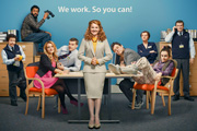 The Job Lot. Image shows from L to R: Janette (Angela Curran), George (Adeel Akhtar), Natalie (Laura Aikman), Karl (Russell Tovey), Trish (Sarah Hadland), Graham (Tony Maudsley), Angela (Jo Enright), Bryony (Sophie McShera), Paul (Martin Marquez). Copyright: Big Talk Productions