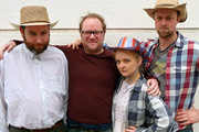 The Kneebone Bonanza. Image shows from L to R: Dwight (Ed Gaughan), Carl Grose, Maddy (Alex Tregear), Slick (Michael Shelford). Copyright: BBC