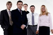 The Office. Image shows from L to R: Gareth Keenan (Mackenzie Crook), Tim Canterbury (Martin Freeman), Stephen Merchant, David Brent (Ricky Gervais), Dawn Tinsley (Lucy Davis). Copyright: BBC