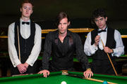 The Rack Pack. Image shows from L to R: Steve Davis (Will Merrick), Alex Higgins (Luke Treadaway), Jimmy White (James Bailey). Copyright: Zeppotron