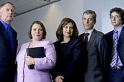 The Thick Of It. Image shows from L to R: Glenn Cullen (James Smith), Terri Coverley (Joanna Scanlan), Nicola Murray (Rebecca Front), Malcolm Tucker (Peter Capaldi), Oliver Reeder (Chris Addison). Copyright: BBC