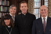 The Vicar Of Dibley. Image shows from L to R: Geraldine Grainger (Dawn French), Hugo Horton (James Fleet), Vicar (Damian Lewis), David Horton (Gary Waldhorn). Copyright: Tiger Aspect Productions