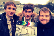 The Wrong Mans. Image shows from L to R: Noel (Tom Basden), Sam (Mathew Baynton), Phil (James Corden). Copyright: BBC / Hulu