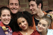 Two Pints Of Lager And A Packet Of Crisps. Image shows from L to R: Donna Henshaw (Natalie Casey), Gary 'Gaz' Wilkinson (Will Mellor), Louise (Kathryn Drysdale), Jonny Keogh (Ralf Little), Janet (Sheridan Smith). Copyright: BBC