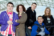 Two Pints Of Lager And A Packet Of Crisps. Image shows from L to R: Tim (Luke Gell), Donna Henshaw (Natalie Casey), Billy (Freddie Hogan), Gary 'Gaz' Wilkinson (Will Mellor), Cassie (Georgia Henshaw). Copyright: BBC