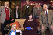 The Vicar Of Dibley. Image shows from L to R: Frank Pickle (John Bluthal), Alice Tinker (Emma Chambers), Hugo Horton (James Fleet), Owen Newitt (Roger Lloyd Pack), Geraldine Grainger (Dawn French), Jim Trott (Trevor Peacock), David Horton (Gary Waldhorn). Copyright: Tiger Aspect Productions