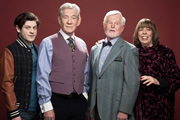 Vicious. Image shows from L to R: Ash (Iwan Rheon), Freddie (Ian McKellen), Stuart (Derek Jacobi), Violet (Frances de la Tour). Copyright: Brown Eyed Boy / Kudos Productions