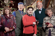 Vicious. Image shows from L to R: Violet (Frances de la Tour), Freddie (Ian McKellen), Ash (Iwan Rheon), Stuart (Derek Jacobi), Penelope (Marcia Warren). Copyright: Brown Eyed Boy / Kudos Productions