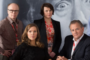 W1A. Image shows from L to R: Simon Harwood (Jason Watkins), Siobhan Sharpe (Jessica Hynes), Tracey Pritchard (Monica Dolan), Ian Fletcher (Hugh Bonneville). Copyright: BBC