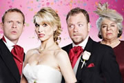 The Wedding Video. Image shows from L to R: Tim (Robert Webb), Saskia (Lucy Punch), Raif (Rufus Hound), Patricia (Miriam Margolyes). Copyright: Timeless Films