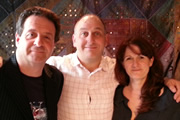 What Are You Laughing At? - Podcast. Image shows from L to R: Mark Thomas, Dave Cohen, Caroline Norris