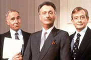 Yes, Prime Minister. Image shows from L to R: Sir Humphrey Appleby (Nigel Hawthorne), James Hacker (Paul Eddington), Bernard Woolley (Derek Fowlds). Copyright: BBC