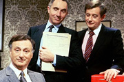 Yes Minister. Image shows from L to R: James Hacker (Paul Eddington), Sir Humphrey Appleby (Nigel Hawthorne), Bernard Woolley (Derek Fowlds). Copyright: BBC