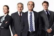 Yes, Prime Minister. Image shows from L to R: Claire Sutton (Zoe Telford), Sir Humphrey Appleby (Henry Goodman), Jim Hacker (David Haig), Bernard Woolley (Chris Larkin). Copyright: BBC