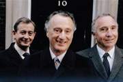 Yes, Prime Minister. Image shows from L to R: Bernard Woolley (Derek Fowlds), James Hacker (Paul Eddington), Sir Humphrey Appleby (Nigel Hawthorne). Copyright: BBC