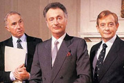 Yes, Prime Minister. Image shows from L to R: Sir Humphrey Appleby (Nigel Hawthorne), James Hacker (Paul Eddington), Bernard Woolley (Derek Fowlds). Copyright: BBC