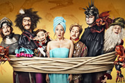 Yonderland. Image shows from L to R: Ben Willbond, Mathew Baynton, Debbie Maddox (Martha Howe-Douglas), Jim Howick, Simon Farnaby, Laurence Rickard. Copyright: Working Title Films