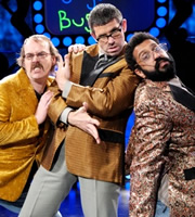 The Angelos Epithemiou Show. Image shows from L to R: Kenny (Seymour Mace), Angelos Epithemiou (Dan Skinner), Gupta (Adeel Akhtar). Copyright: Pett Productions