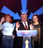 Anna & Katy. Image shows from L to R: Anna Crilly, Eamonn Holmes, Katy Wix. Copyright: Roughcut Television