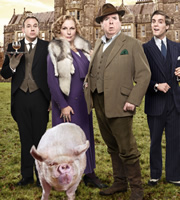 Blandings. Image shows from L to R: Beach (Tim Vine), Connie (Jennifer Saunders), Clarence (Timothy Spall), Freddie (Jack Farthing). Copyright: Mammoth Screen