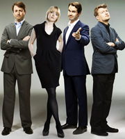 Channel 4's Alternative Election Night. Image shows from L to R: David Mitchell, Lauren Laverne, Jimmy Carr, Charlie Brooker. Copyright: Zeppotron