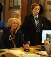 Catherine Tate's Nan. Image shows from L to R: Nan (Catherine Tate), Alice (Ami Metcalf). Copyright: Tiger Aspect Productions