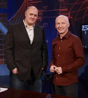 Dara O Briain: School Of Hard Sums. Image shows from L to R: Dara O Briain, Marcus du Sautoy. Copyright: Fujisankei Productions / Wild Rover