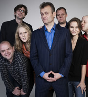 Fast And Loose. Image shows from L to R: David Armand, Humphrey Ker, Pippa Evans, Hugh Dennis, Justin Edwards, Laura Solon, Marek Larwood. Copyright: Angst Productions