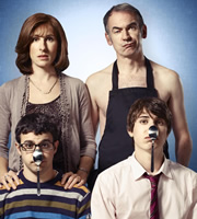 Friday Night Dinner. Image shows from L to R: Jackie (Tamsin Greig), Adam (Simon Bird), Martin (Paul Ritter), Jonny (Tom Rosenthal). Copyright: Popper Pictures / Big Talk Productions