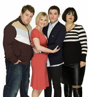 Gavin & Stacey. Image shows from L to R: Smithy (James Corden), Stacey (Joanna Page), Gavin (Mathew Horne), Nessa (Ruth Jones). Copyright: Baby Cow Productions