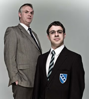 The Inbetweeners. Image shows from L to R: Mr Gilbert (Greg Davies), Will Mackenzie (Simon Bird). Copyright: Bwark Productions