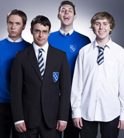 The Inbetweeners. Image shows from L to R: Simon Cooper (Joe Thomas), Will Mackenzie (Simon Bird), Neil Sutherland (Blake Harrison), Jay Cartwright (James Buckley). Copyright: Bwark Productions