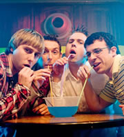 The Inbetweeners Movie. Image shows from L to R: Jay Cartwright (James Buckley), Neil Sutherland (Blake Harrison), Simon Cooper (Joe Thomas), Will MacKenzie (Simon Bird). Copyright: Bwark Productions