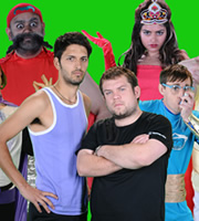 Kabadasses. Image shows from L to R: The Marauding Moustache (Tony Jayawardena), Bobby (Shazad Latif), Vin (Jack Doolan), Shobna (Mandi Sidhu), Martin (Ian Bonar). Copyright: Objective Productions