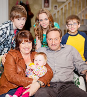 Life Of Riley. Image shows from L to R: Danny Riley (Taylor Fawcett), Maddy Riley (Caroline Quentin), Katy Riley (Lucinda Dryzek), Jim Riley (Neil Dudgeon), Ted Jackson (Patrick Nolan). Copyright: Catherine Bailey Productions Limited