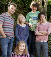 Outnumbered. Image shows from L to R: Pete (Hugh Dennis), Sue (Claire Skinner), Karen (Ramona Marquez), Ben (Daniel Roche), Jake (Tyger Drew-Honey). Copyright: Hat Trick Productions