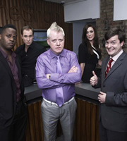 PhoneShop. Image shows from L to R: Jerwayne (Javone Prince), Ashley (Andrew Brooke), Lance (Martin Trenaman), Janine (Emma Fryer), Christopher (Tom Bennett). Copyright: Talkback