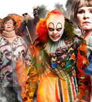 Psychoville. Image shows from L to R: Joy Aston (Dawn French), Oscar Lomax (Steve Pemberton), Mr Jelly (Reece Shearsmith), Grace Andrews (Imelda Staunton). Copyright: BBC