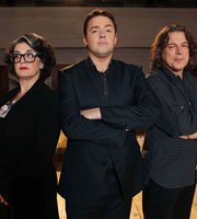 Show Me The Funny. Image shows from L to R: Kate Copstick, Jason Manford, Alan Davies. Copyright: Big Talk Productions