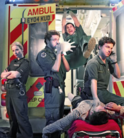 Sirens. Image shows from L to R: Sgt Maxine Fox (Amy Beth Hayes), Ashley Greenwick (Richard Madden), Rachid Mansaur (Kayvan Novak), Stuart Bayldon (Rhys Thomas). Copyright: Daybreak Pictures