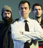 The Function Room. Image shows from L to R: PC Bracket (Reece Shearsmith), Inspector Tony Marks (Kevin Eldon), Steve Lawson (Blake Harrison). Copyright: Zeppotron