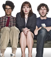 The IT Crowd. Image shows from L to R: Moss (Richard Ayoade), Jen (Katherine Parkinson), Roy (Chris O'Dowd). Copyright: TalkbackThames