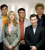 The Persuasionists. Image shows from L to R: Billy Hitchens (Iain Lee), Emma (Daisy Haggard), Clive Johnson (Jarred Christmas), Greg Bannister (Adam Buxton), Keaton (Simon Farnaby). Copyright: Bwark Productions