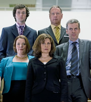 The Thick Of It. Image shows from L to R: Oliver Reeder (Chris Addison), Terri Coverley (Joanna Scanlan), Nicola Murray (Rebecca Front), Glenn Cullen (James Smith), Malcolm Tucker (Peter Capaldi). Copyright: BBC